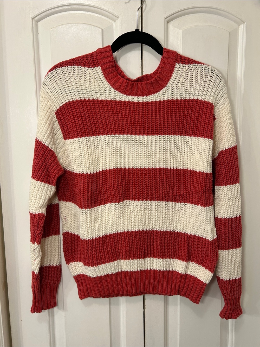 American Eagle Outfitters Red and Cream Striped Crewneck Sweater